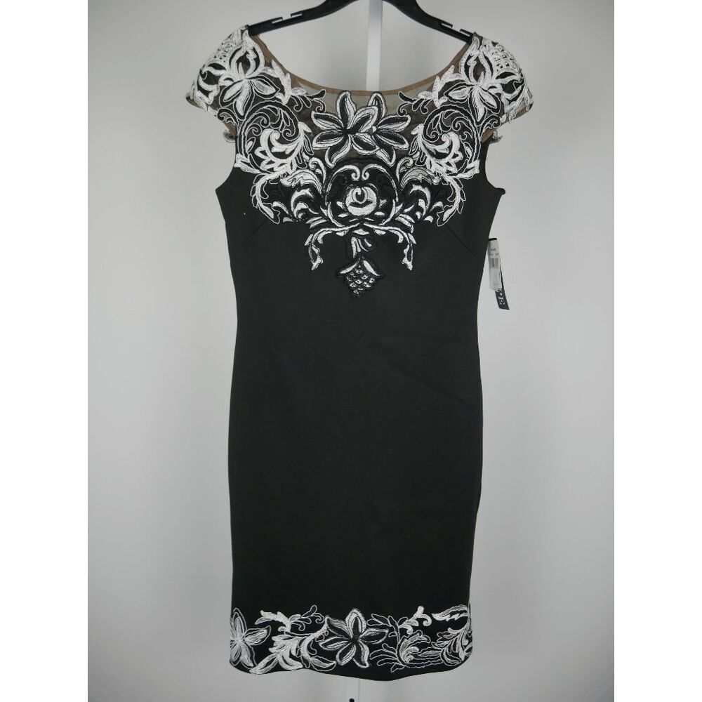 XSCAPE Embroidered Appliqué Scuba Crepe Cocktail Dress Size 6 - Picture 3 of 11